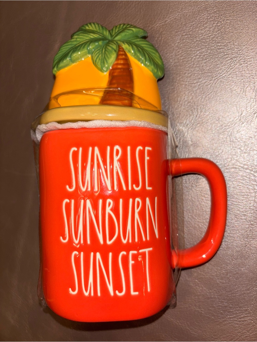 RAE Dunn Sunrise Sunburn Sunset Red Ceramic Mug with Palm Lid new